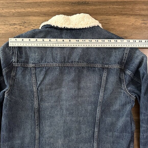 Good American Womens Trucker Blue Jacket Boyfriend Denim Sherpa Collar Size 0/1 - Picture 15 of 15